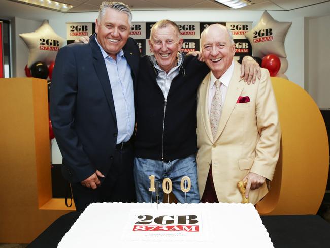 Maquaurie Radio's Ray Hadley, John Singleton and Alan Jones celebrated yesterday after winning over a 100 consecutive radio surveys. Picture: Justin Lloyd