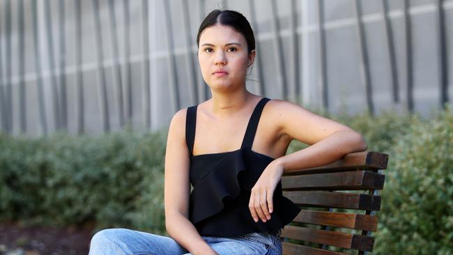 Elena Morgan, 25, who was attacked by three women of African appearance at a city bus stop two weeks ago, in Melbourne yesterday. Picture: Aaron Francis