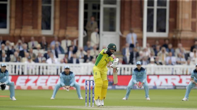 Australia’s David Warner defends against England at Lord’s. Picture: AP