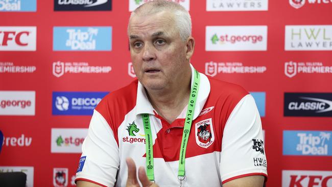 SYDNEY, AUSTRALIA - MARCH 12:  Dragons head coach Anthony Griffin speaks to the media after the round two NRL match between the St George Illawarra Dragons and the Gold Coast Titans at Netstrata Jubilee Stadium on March 12, 2023 in Sydney, Australia. (Photo by Matt King/Getty Images)