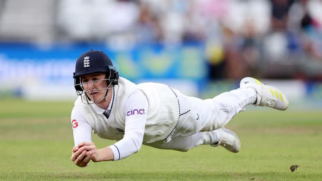 Harry Brook takes a wonderful diving catch to see the back of Mitchell Starc. Picture: Getty