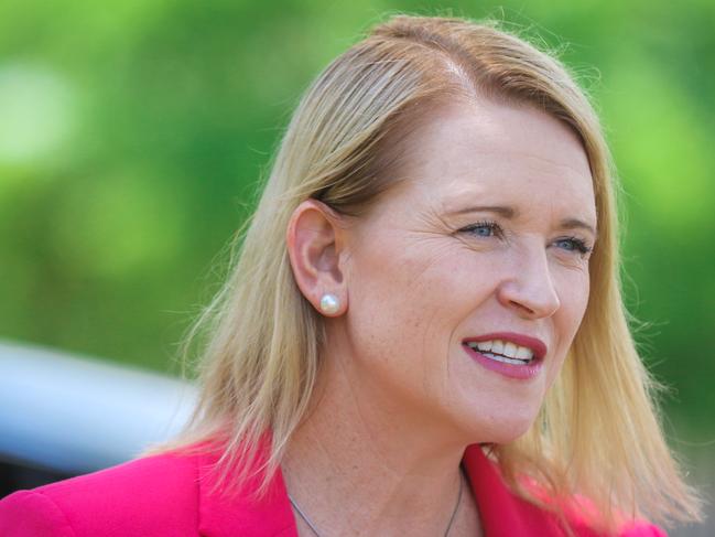 Mines Minister Nicole Manison with a battery powered Tesla  as the tast hurdle in the Finniss Lithium project has been cleared, with the Core board ticking off on the Final Investment Decision overnight.Picture: Glenn Campbell