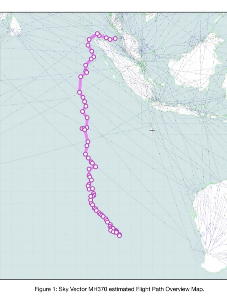 Estimated MH370 flight path, with the island of Sumatra in the top right. Picture: Supplied