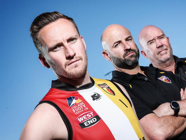 Adelaide Footy League - Friday, 2nd October, 2020 - Goodwood Saints is playing in the division one Adelaide Footy League Grand Final against Rostrevor. Captain Lou Whitelock with Coach Luke Donaldson and Manager Craig Kirkbright. Picture: Sarah Reed