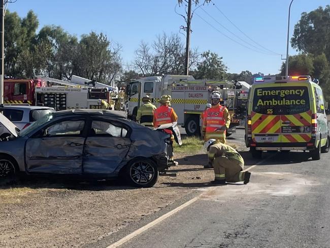 The aftermath of a crash at the intersection of Heaslip and Curtis Road,Angle Vale. Picture Jason Katsaras