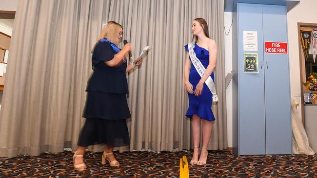 Left: 2021 Young Woman of the Year and North Coast National Showgirl Jenna Fisher interviewing Goonellabah candidate Caitlin Standford at the East Lismore Bowling Club for the 2022 showgirl competition. Picture: Cath Piltz