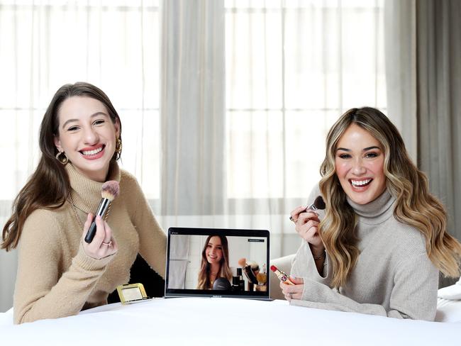 Amy Kaleski and Lou Hay in a virtual make-up consultation with Adore Beauty podcast host, Joanna Fleming. Picture: Tim Hunter.