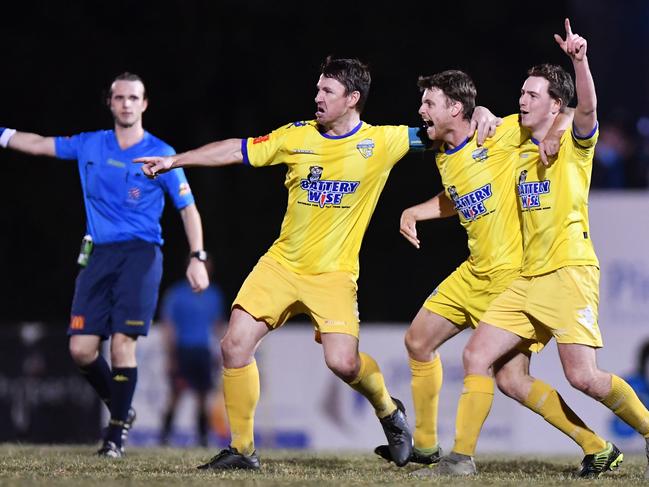 Kawana's Luke Ricketts celebrates the 2019 grand final win over Nambour Yandina United. Picture: Patrick Woods