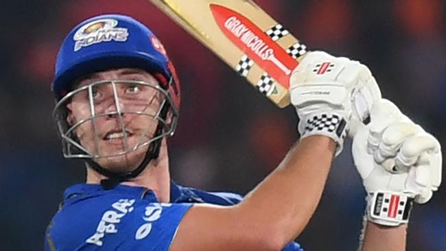 Mumbai Indians' Cameron Green watches the ball after playing a shot during the Indian Premier League (IPL) Twenty20 cricket match between Sunrisers Hyderabad and Mumbai Indians at the Rajiv Gandhi International Cricket Stadium in Hyderabad on April 18, 2023. (Photo by Noah SEELAM / AFP)