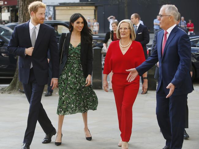 Prince Harry and Meghan Markle arrive to attend the Invictus Games Reception hosted by Malcolm Turnbull, Prime Minister of Australia and his wife Lucy Turnbull. Picture: Alastair Grant/WPA Pool/Getty Images