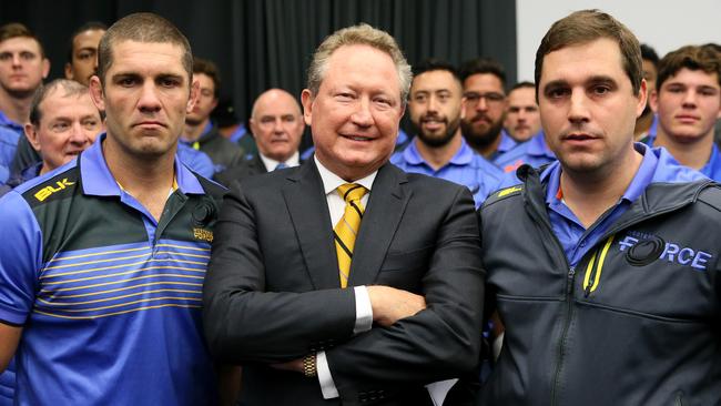 5/09/2017 Matt Hodgson Force 2017 captain, Andrew Forrest and David Wessels coach 2017. Andrew Forrest, Western Force coaching staff, players, administration staff and board members meet at RugbyWA Hq to discuss what they are to do after western Force lost their court case, at Floreat. pic Colin Murty The Australian