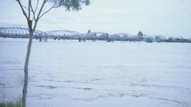 Bundaberg Bridge during flood, 1971. A perspective of the river’s impact on local infrastructure. Source: QLD Places