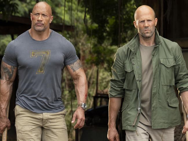 Dwayne Johnson and Jason Statham in a scene from the movie Hobb & Shaw. Supplied by Universal Pictures.