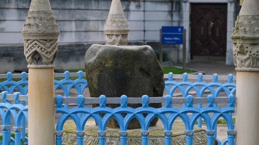 The ancient coronation stone believed to have been used to crown up to seven Anglo-Saxon kings of England, sits outside the Kingston upon Thames guildhall in southwest London. Picture: Jacquelin Magnay