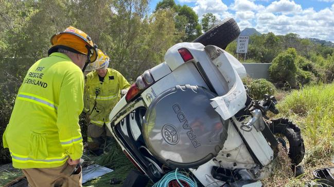 A driver was lucky to escape this horror caravan crash at Federal south of Gympie yesterday when his 4WD blew a tyre. Pictures: Courtesy of Clayton's Towing Facebook page