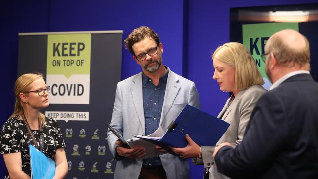 L-R Doctor Shannon Melody Specialist Medical Adviser with Doctor Scott McKeown Acting Director of Public Health, Kathrine Morgan-Wicks Secretary and Health Commander, Dale Webster Commander Vaccination Emergency Operations Centre. COVID-19 vaccination press conference at the Executive Building Hobart. Picture: Nikki Davis-Jones