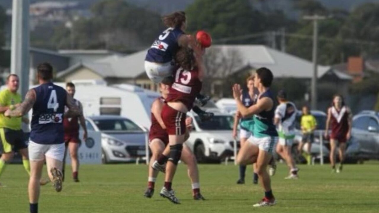 Orbost-Snowy Rivers player Jessie Pescod goes up for a mark against Lakes Entrance.