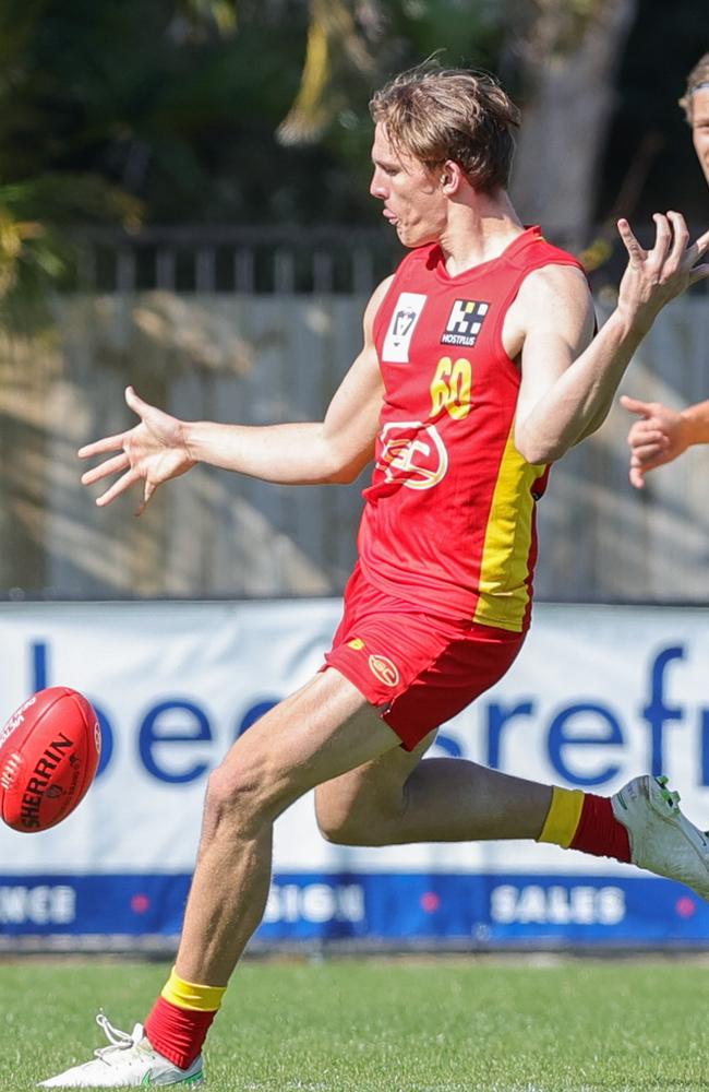 William Bella of the Suns releases the ball during the VFL Round 15 match between the Aspley Hornets and the Gold Coast Suns at Graham Road Oval on July 24, 2021 in Brisbane, Australia. Picture: Russell Freeman