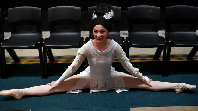 Townsville Eisteddfod 2023. Age 16 to 18 Demi-Character Solo. Kalista Nelson stretches in the wings before her performance. Picture: Evan Morgan.