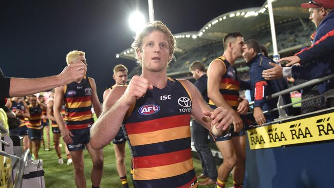 Rory Sloane celebrates the Crows thrashing of Richmond yesterday. Picture: David Mariuz/AAP