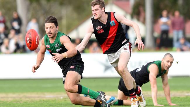 EDFL footy: Greenvale V Pascoe Vale. (L-R) Greenvale's Fort Caruso and Pascoe Vale's Lachlan Raven. Picture: Josie Hayden