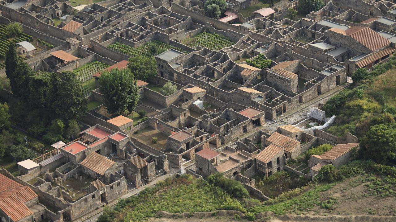 Pompeii, aerial view, naples, archeologic ruins of Pompeii in Italy
