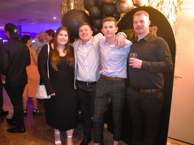 Joey Brady, Lachie Low, Brodie Hood (Cowwarr’s best) Cameron Farley (Cowwarr’s best) having a great night at the Cowwarr Saints Football &amp; Netball Club Golden Gala Ball 2024. Picture: Jack Colantuono