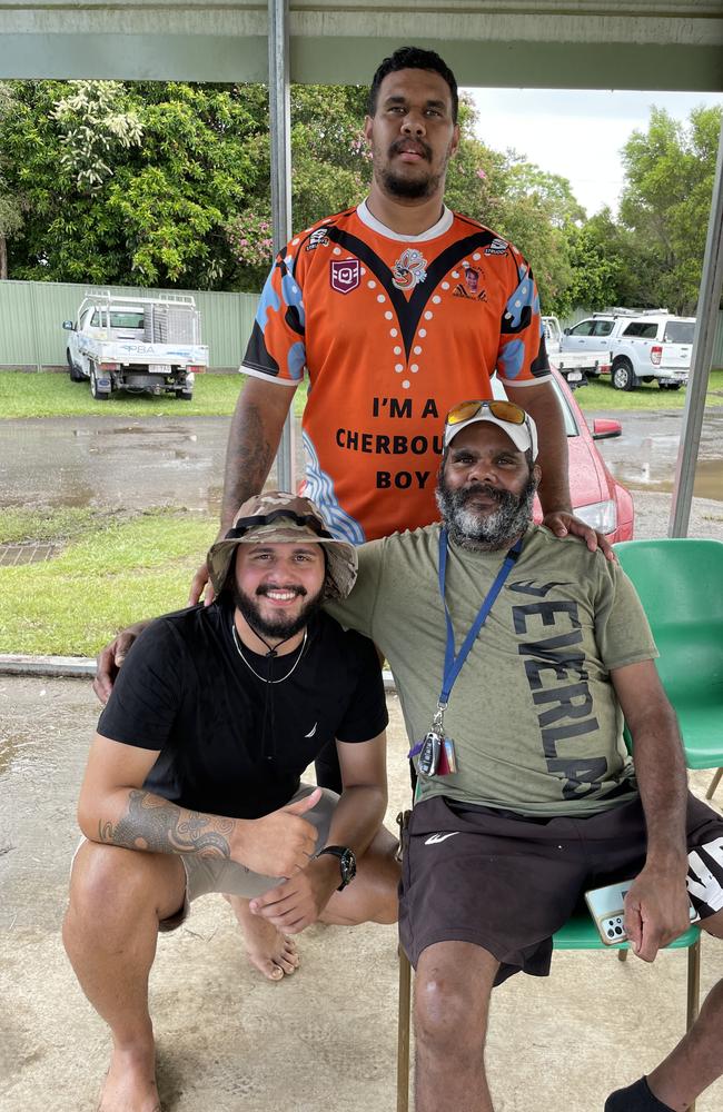 Bronson Fogarty, Barry Tapau-Fewquandie, and Shane Dynevor at the 2024 Sunshine Coast Bunyas Rugby League Carnival. Picture: Iwan Jones