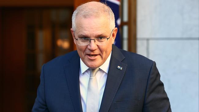 Prime Minister Scott Morrison speaks to the media during a press conference after the National Cabinet meeting in Parliament House in Canberra. Picture: NCA NewsWire / Gary Ramage