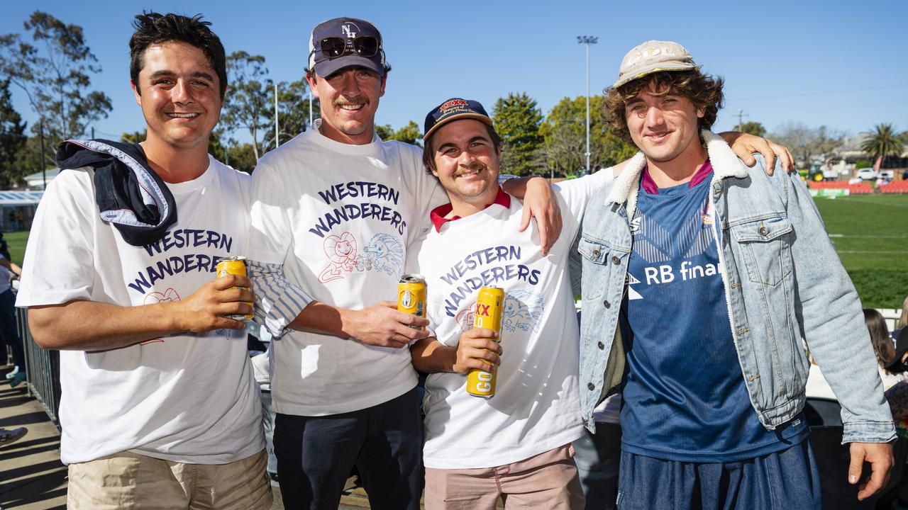 Enjoying the rugby are (from left) Chris McKechnie, Tom McDonnell, Harry Carrigan and Dan Grebenshikoff on Downs Rugby grand final day at Toowoomba Sports Ground, Saturday, August 24, 2024. Picture: Kevin Farmer