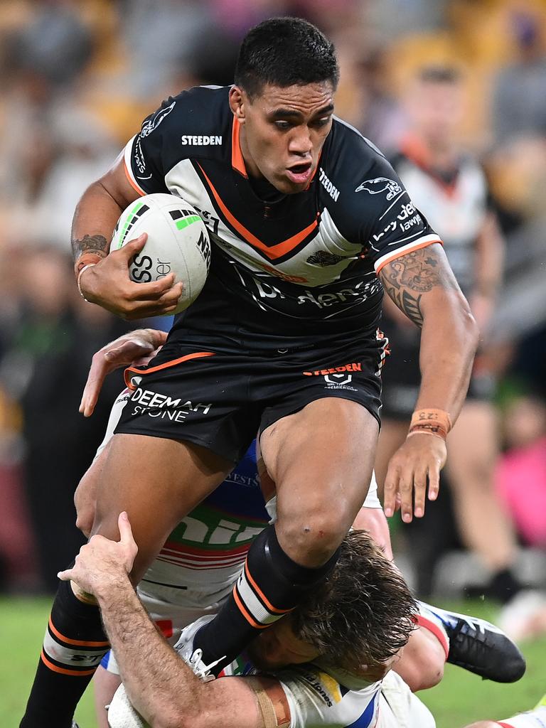 Joe Ofahengaue in action for Wests Tigers. Picture: Bradley Kanaris/Getty