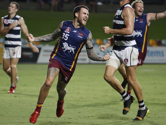 Jayden Magro and Calder celebrate a goal for Cairns City Lions in the grand final. Picture: Brendan Radke