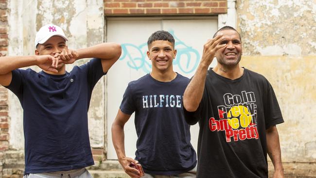 Anthony Mundine with sons CJ (L) and Anthony Mundine III in Redfern. Picture: NCA NewsWire / Jenny Evans