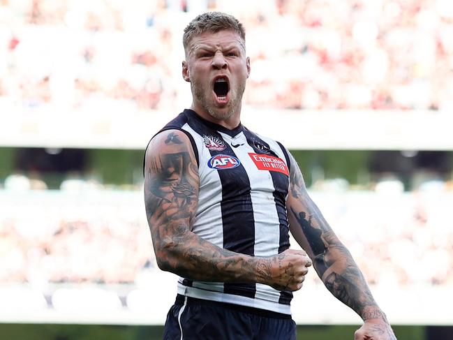 MELBOURNE, AUSTRALIA - APRIL 25: Jordan De Goey of the Magpies celebrates a goal during the 2023 AFL Round 06 match between the Collingwood Magpies and the Essendon Bombers at the Melbourne Cricket Ground on April 25, 2023 in Melbourne, Australia. (Photo by Dylan Burns/AFL Photos via Getty Images)