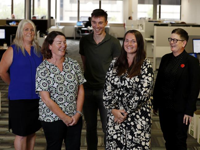 NSW contact tracers Tove Fitzgerald, Jennie Musto, Timmy Lockwood, Jennifer Case and Carolyn Murray. Picture: Nikki Short