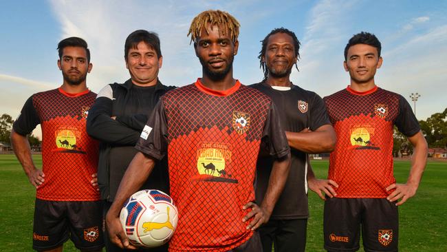 Ghan Kilburn City players Masoud Teymouri, Lyon Varney and Javeed Zamini with coaches Rahim Zaidi and Desmond Tucker. Picture: AAP Image/Brenton Edwards