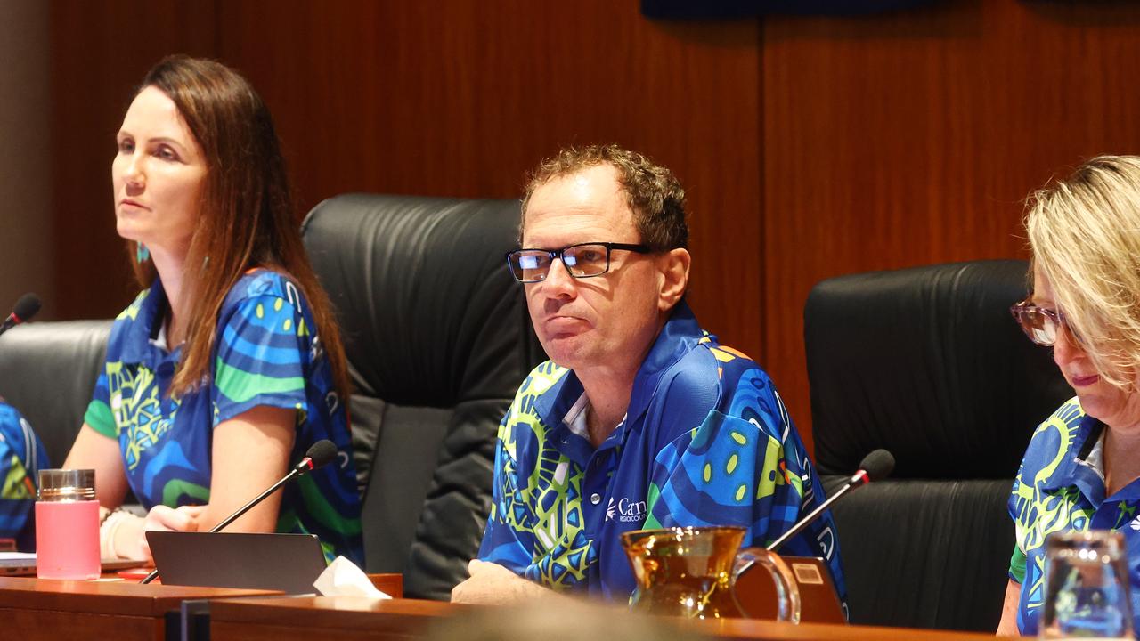 Cairns Regional Council mayor Amy Eden interim chief executive John Andrejic and people and organisational performance director Christine Posgate at the Cairns Regional Council ordinary meeting. Picture: Brendan Radke