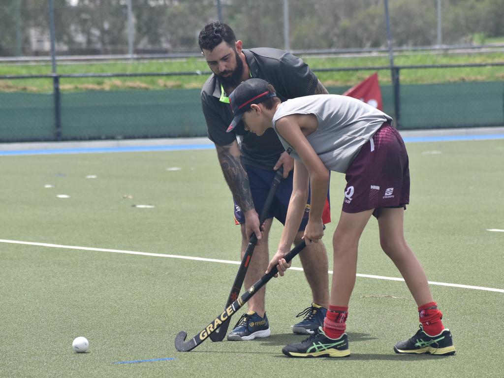 Players at the Park Avenue Brothers Hockey Club and Astro’s Hockey development clinic at Kalka Shades, Rockhampton, on February 8, 2025.