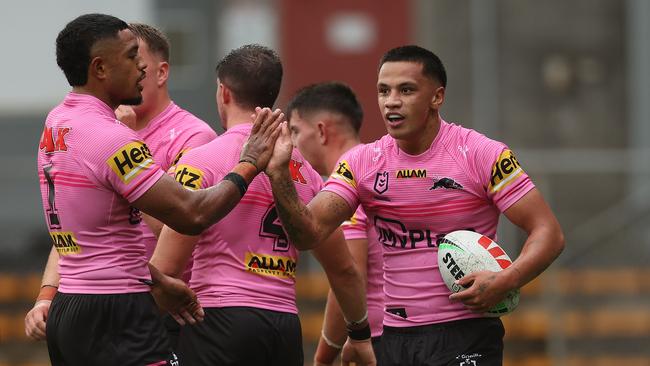 SYDNEY, AUSTRALIA - FEBRUARY 21:  Trent Toelau of the Panthers celebrates with team mates after scoring a tryduring the 2025 NRL Pre-Season Challenge match between Manly Sea Eagles and Penrith Panthers at Leichhardt Oval on February 21, 2025 in Sydney, Australia. (Photo by Mark Metcalfe/Getty Images)