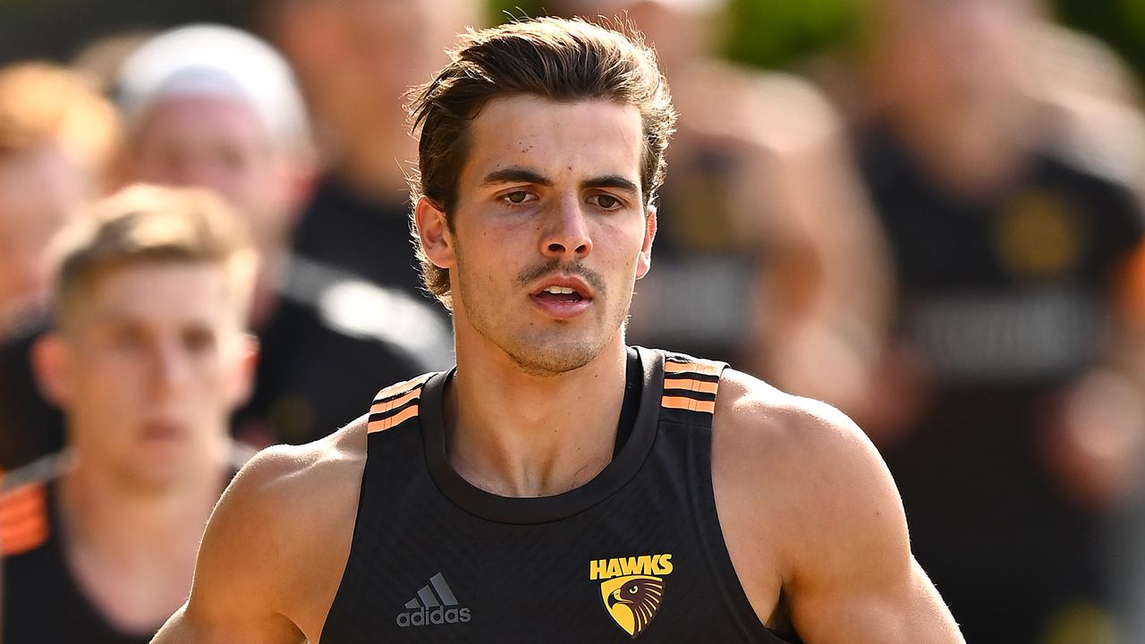 MELBOURNE, AUSTRALIA - DECEMBER 07: Finn Maginness of the Hawks wins the club 2km time trial during a Hawthorn Hawks AFL pre-season training session at Waverley Park on December 07, 2020 in Melbourne, Australia. (Photo by Quinn Rooney/Getty Images)