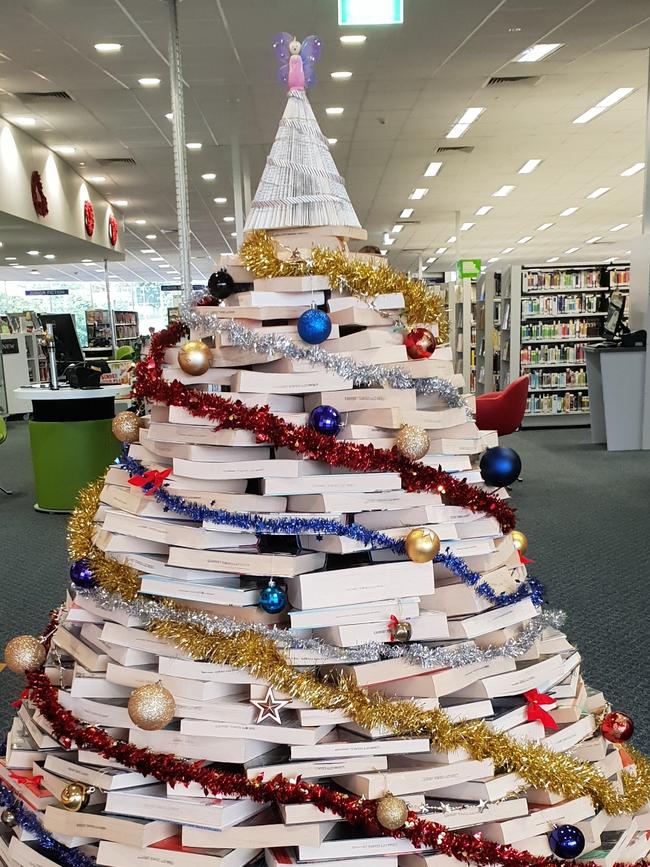 Christmas tree made of books at the Logan North Library, Underwood.