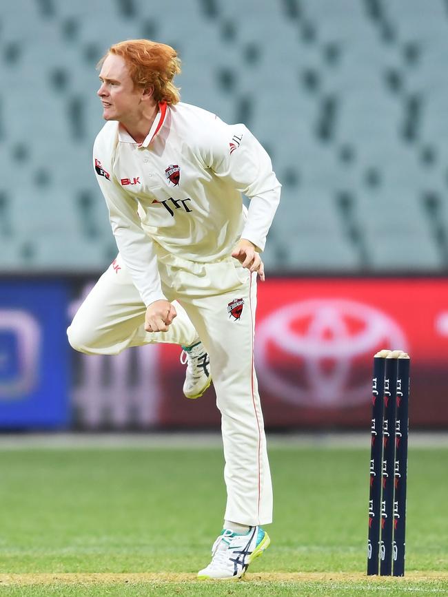 Lloyd Pope bowls at Adelaide Oval.