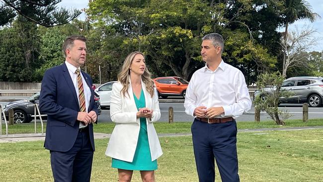 LNP Deputy Leader Jarrod Bleijie, Currumbin MP Laura Gerber and candidate for Burleigh Hermann Vorster at Tallebudgera Creek in Palm Beach on Friday May 31, 2024. Picture: Keith Woods.