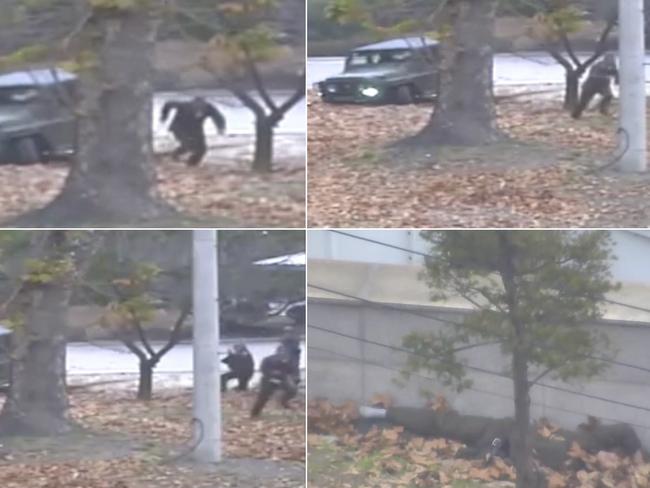 A North Korean soldier is seen running from a jeep before being shot by fellow soldiers in Panmunjom, North Korea, and collapsing across the border. Picture: United Nations Command via AP,