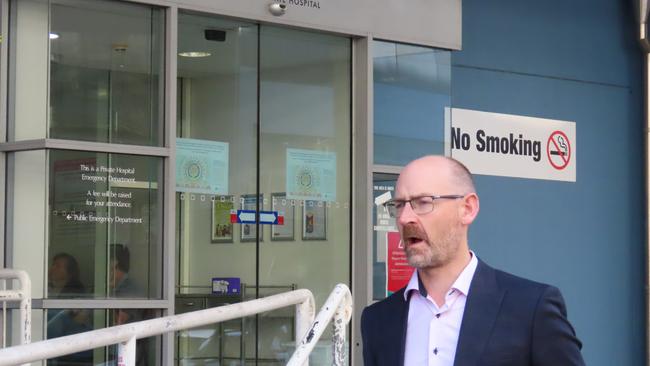 Australian Medical Association state president Michael Lumsden-Steel speaks to the media outside the Hobart Private Hospital on Tuesday, March 25, 2025.