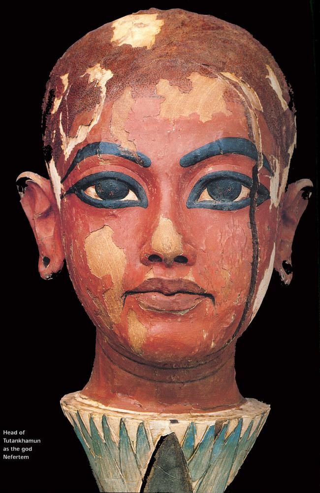 This painted timber head of Tutankhamun may instead be one of his older sisters. Ear-rings were not part of male costume in the era. Picture: Egyptian Supreme Council of Antiquities