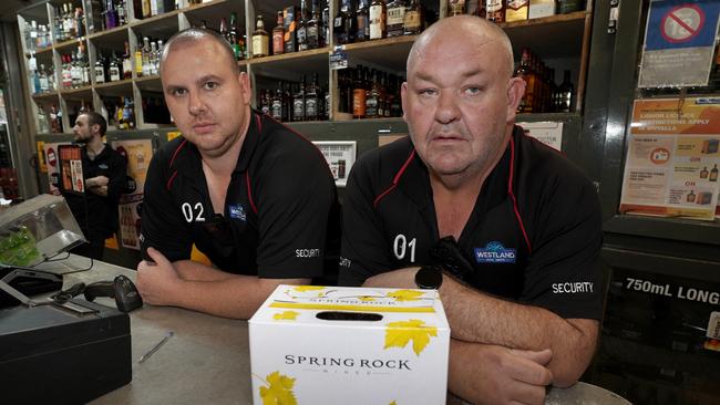 WHYALLA – Razor Marshall (R) and Zeke Edwards, provide security at the Westlands Hotel, and say that the problem is out of control, and just getting worse. 14 March 2025. Picture: Dean Martin