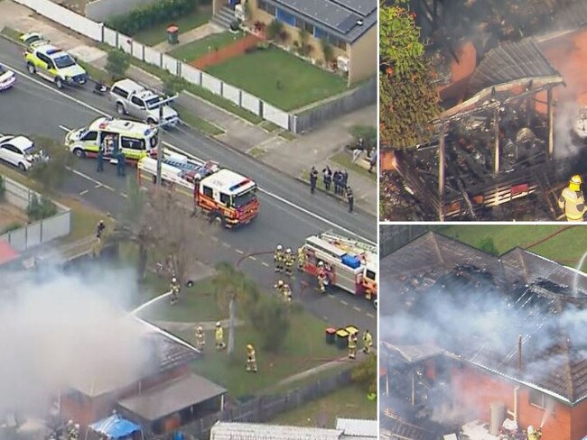 Emergency services were called to a home in Deception Bay just after 8am to the house "well and truly alight". Picture: 9 News