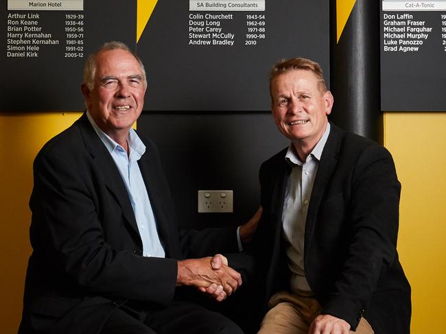 Peter Carey and Nick Chigwidden pose for a picture at Glenelg Football Club in Glenelg East, where Peter will take over the role of Club President, Wednesday, March 27, 2019. Picture: MATT LOXTON