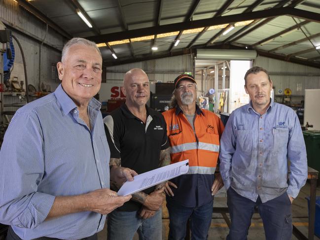 Whyalla Hose and Fitting Services - David Bruce - Director of Whyalla Hose and Fitting ServicesChrys Press Owner Maurice Dry Cleaning.Chris Birch - CBCH/Max CranesJarrod Starkey - General Manager Whyalla Hose and Fitting ServicesWith paperwork from the Government that shows 50% payment of invoices will be made. 3rd March 2025 Picture: Brett Hartwig